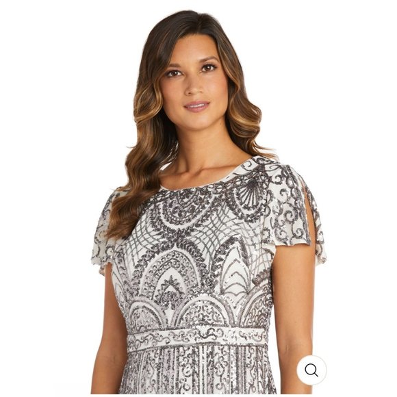NWT R & M Richards Ivory Midi Length Mesh Sequin Dress w/ Godet Insets Size 12 - Picture 3 of 4